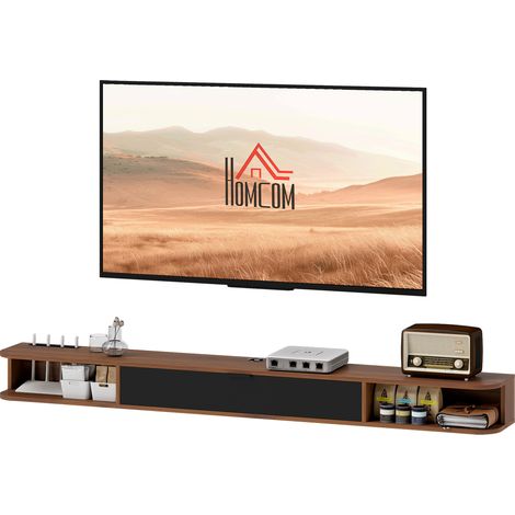 Meuble TV Suspendu, Meuble Télé pour Téléviseur jusqu'à 75 Pouces, Tiroir Rabattable, 2 Étagères, 180x24x16cm, Noyer (1/5)