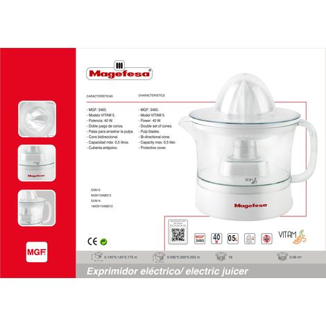 Magefesa Vitam 5 - Exprimidor Eléctrico 40W, Capacidad 0.5L, Cono Bidireccional, Filtro Regulador, Cubierta Antipolvo, Doble Juego de Conos