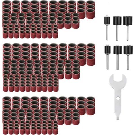 307 piezas de fundas de lijado, conjunto de lijadora de tambor con 300 piezas de fundas de bandas de lijado + 6 piezas de mandriles de tambor para herramienta rotativa Dremel + 1 llave de doble uso (1/5)