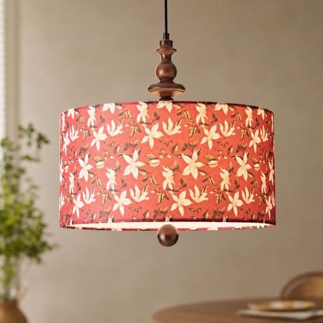 Suspension en tissu et bois massif style rétro français avec franges, lumière chaude douce E27, diamètre 40cm, câble réglable (1/4)