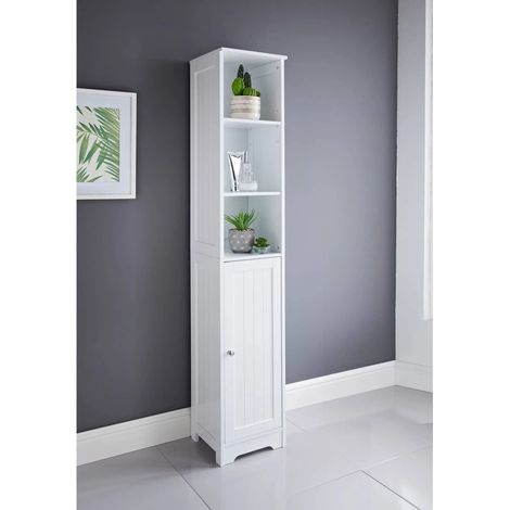 Bathroom Storage Cabinet with 3 Shelves and 1 Door Tallboy White Wooden Furniture Unit tall narrow cupboard Slim Floor Standing Design cabinets