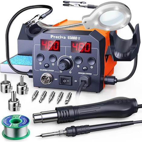 2-in-1 Hot Air Soldering Station with Soldering Iron, 5x Magnifying LED Lamp, Support Arm, Standby Mode, Complete Kit for PCB Repair (1/5)