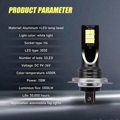 2 pezzi di lampade da nebbia auto, 1200 lm, H4, luce bianca, universali e impermeabili, plug-and-play per camion e SUV (1/3)