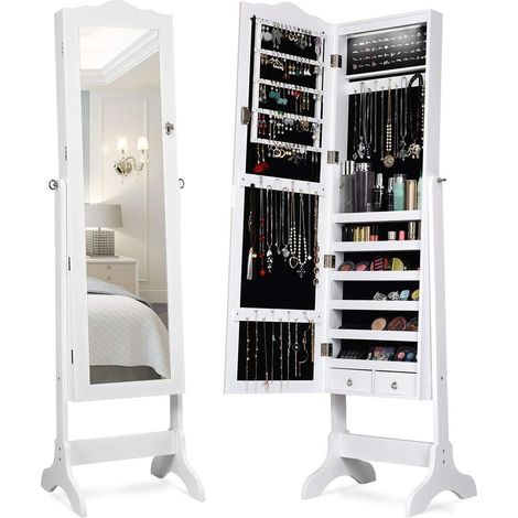 COSTWAY Armoire à Bijoux sur Pied avec 14 lampes LED, Verrouillable, Réglable à 4 Angles avec 2 Tiroirs (1/5)
