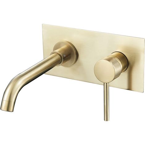 Robinet lavabo rond encastrable monocommande doré brossé VALAZ gamme Jucar, mitigeur salle de bain mural, finition brossée élégante. (1/5)