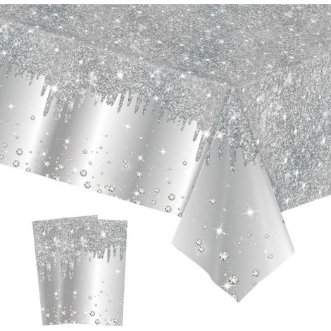 2er Set Tischdecke abwaschbar 137x274cm silber Pailletten Druck rechteckig