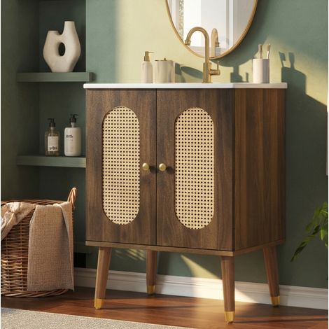 Meuble avec vasque 61 cm en MDF et céramique, portes en rotin, noyer, sur pied DESVIAE (1/5)
