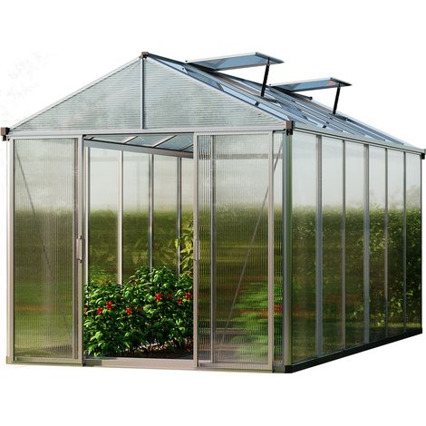 GFP Gewächshaus TITAN 24 aus Alu 222x437 cm, starke 10 mm Doppelstegplatten mit Zusatzfenstern, automatischen Fensteröffnern, Klapptisch