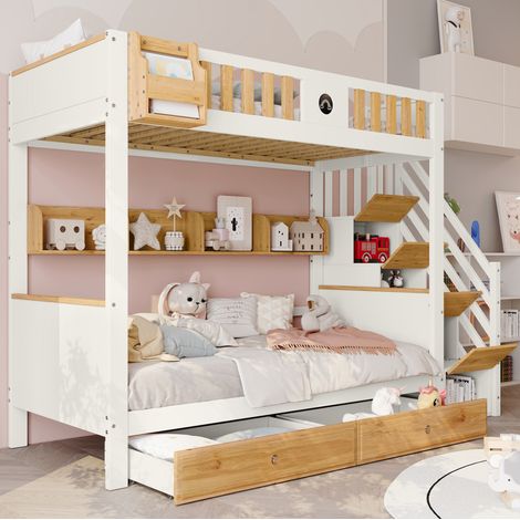 Letto a castello 90x200 cm legno MDF bianco naturale, scala salvaspazio, senza materasso – MEUBLIV (1/5)