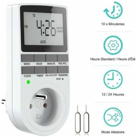 Minuteur hebdomadaire numérique programmable avec écran LCD (12 heures/24 heures/7 jours), adapté aux appareils ménagers et aux équipements d'éclairage (1 unité). (1/4)