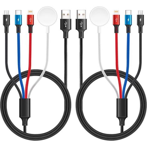 Câble de charge multi USB 4 en 1-KAL-4 En 1 Câble Nylon Chargeur Apple Watch/Iphone,1,8M,2 Pack,Multi-Portable Android (1/5)