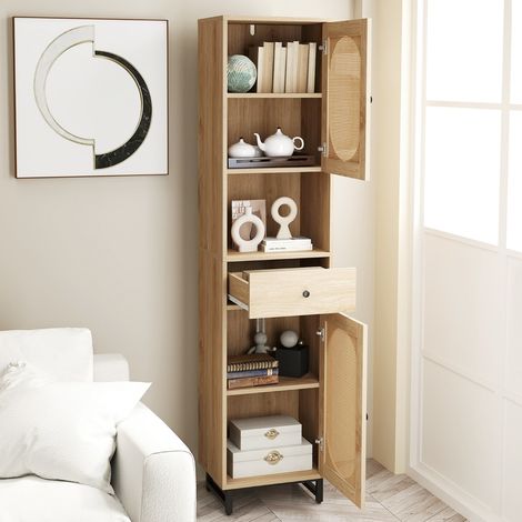 Armoire de Rangement Meuble pour Salle de Bain Haut Armoire en Rotin avec Portes Étagères Ajustables & Tiroir 170 x30 x40 cm Naturel (1/3)