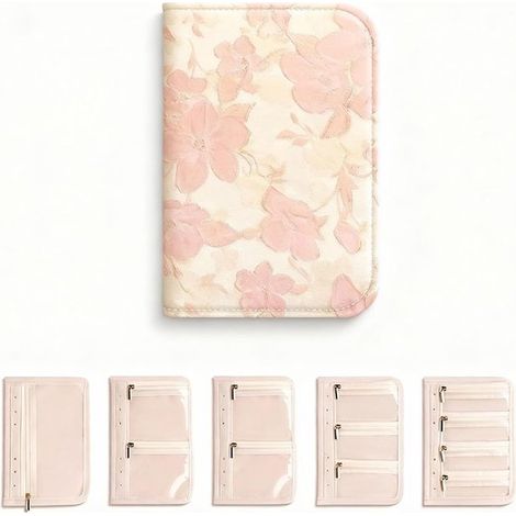 Organizer da viaggio per gioielli con finestra trasparente, 5 pagine, 12 tasche, fantasia floreale rosa. (1/5)