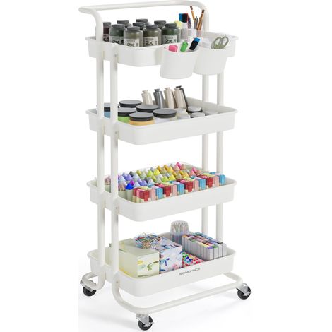 Chariot de Rangement, 4 Niveaux, Desserte sur roulettes, Étagère, Poignée, 2 Pots, 2 Freins, Paniers en Plastique, Montage Facile, Chambre, Cuisine, Blanc BSC077WZ01 (1/5)