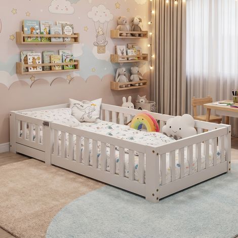 Letto singolo 80x160 cm, lettino per bambini con sponde di sicurezza, rete a doghe in legno, letto 1 posto per bambini - Bianco