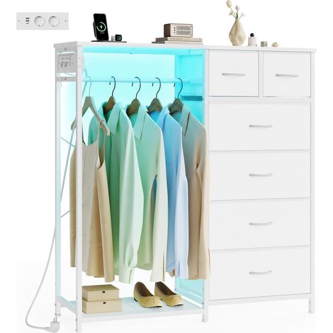 Portant à Vêtements avec 6 Tiroirs, Vestiaire avec Éclairage LED et Prises, Étagère à Chaussures, pour Chambre et Entrée, 102,7 x 35 x 117,6 cm, Blanc Nuage, LGS523W102 (1/5)