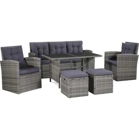 6-tlg. Garten-Lounge-Set mit Auflagen Poly Rattan Grau