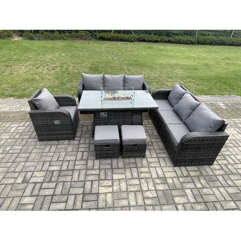 Fimous 9-Sitzer Polyrattan Gartenmöbel Set Gas Feuerstelle Esstisch Liegestühle 3-Sitzer Sofa Set mit 2 kleine Fußhockern (1/5)