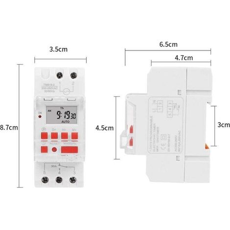 Timer digitale per scaldabagno elettrico da 30A. Display LCD. 16 cicli di accensione/spegnimento programmabili. Montaggio su guida DIN da 35 mm. Tensione 220-240V. (1/3)