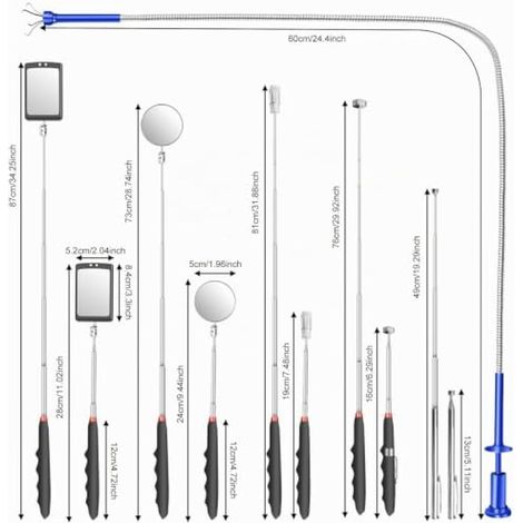 Lot de 6 miroirs d'inspection escamotables - Miroir télescopique - Outil magnétique télescopique avec lampe LED - Miroir d'inspection carré rond - Poignée télescopique rotative à 360° (1/3)