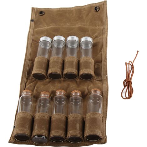 Sac de rangement d'épices portable en toile avec 9 pots, idéal pour camping et voyages, couleur kaki. (1/5)