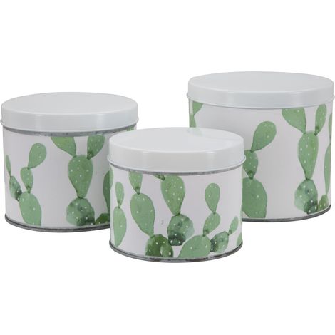 Cofanetti in Latta Cactus Set 3 Pz Ø15x13,5-14x11,5-12,5x10 cm in Ferro Bianco, Verde