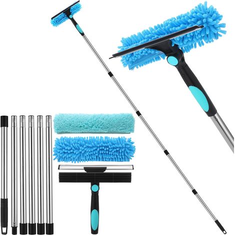 2 en 1 Professionnel Raclette Vitre,Kit Nettoyage Vitre avec Manche Telescopique 240cm,Lave-vitres Télescopique avec Tête Flexible,pour Vitres Hautes Intérieur,Bleu