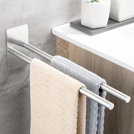 Porte-serviettes mural sans perçage en acier inoxydable 304 - Solide - À bras unique - Argenté brossé (1/5)