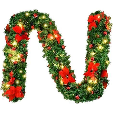 Guirlande Sapin Noel Artificiel, 270 cm Couronnes et Guirlandes de Noël avec LED Fleur Rouge et Boule Rouge, Décoration Guirlandes de Noël pour Chambre Porte Mur Fenêtre Escalier Cheminée (1/5)