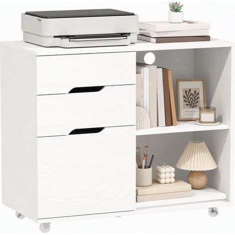 Mueble para Impresora con Ruedas 3 Cajones Barra Ajustable 2 Estantes Abiertos y Asas para Documentos Tamaño A4 Blanco (1/5)