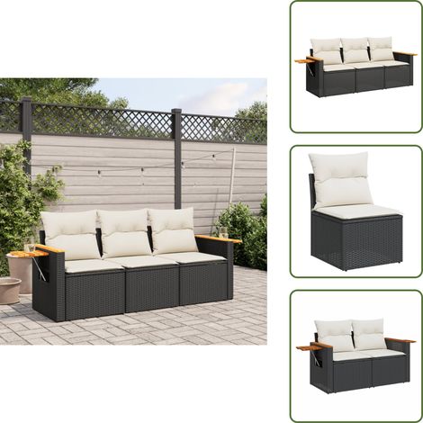 The Living Store 3-tlg. Garten-Sofagarnitur mit Kissen Schwarz Poly Rattan - Gartenmöbel
