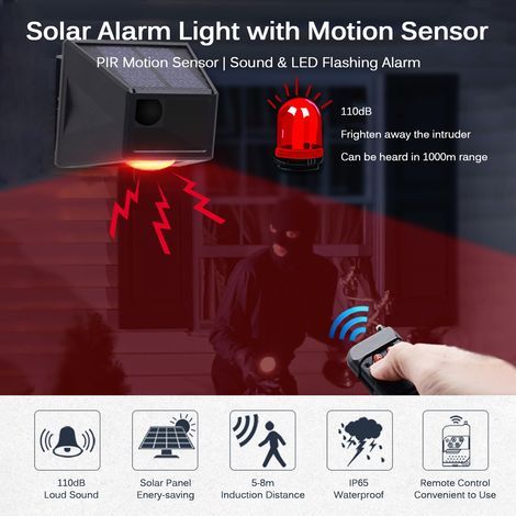 Lampe d'alarme solaire avec détecteur de mouvement, sirène forte de 129 dB, lumières stroboscopiques LED avec télécommande RF 433 MHz, étanche IP65, rechargeable pour ferme, villa, cour, grange, entre (1/5)