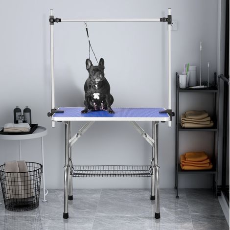 Klappbarer Tierpflegetisch 90 x 60 x 76 cm, verstellbarer Arm, Edelstahl, Blau (1/5)