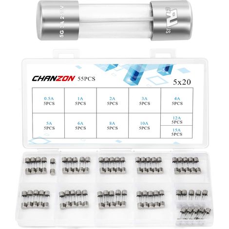 55pcs Glass Cartridges 5x20mm Fast Blow AGC Fuse 125V (250V) Fuse Assortment Kit 0.5A 1A 2A 3A 4A 5A 6A 8A 10A 12A 15A (1/5)