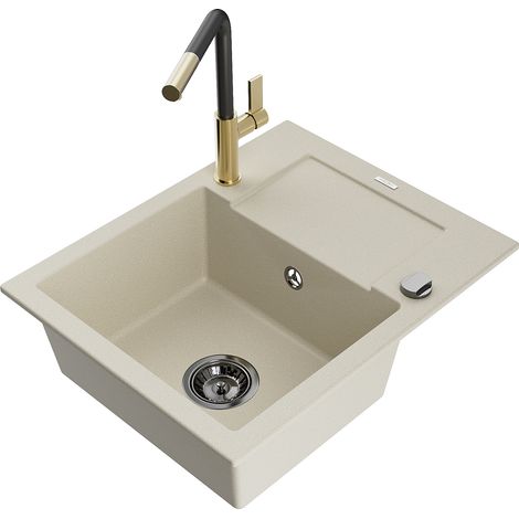 Mexen Enzo évier en granit 1 bac avec égouttoir et robinet de cuisine Flora, beige - 6506-69-670401-57-B (1/5)