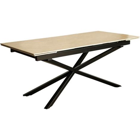 Table rectangulaire Extensible en mélamine Effet marbre travertin et métal Noir et Beige 76 x 240 x 90 cm