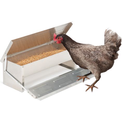 Idmarket – Mangeoire automatique XL pour poules – Distributeur à pédale en acier galvanisé – Capacité 5 kg – Dimensions 51 x 21 x 8,5 cm