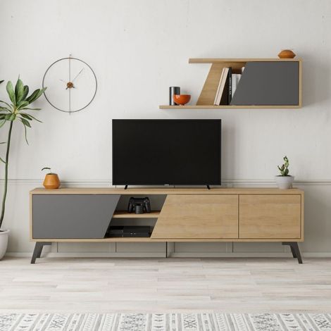 Mueble TV 180cm con estante de pared en roble y antracita - Fiona (1/5)