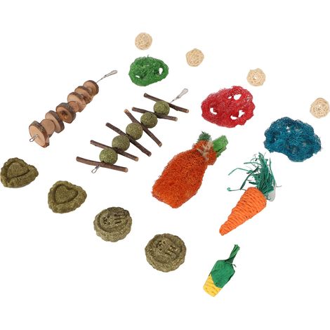 Jouets à mâcher suspendus pour lapins : boules en bois et en herbe, ficelle, luffa, carottes. Jouet à mâcher pour petits animaux (chinchillas, cochons d'Inde, hamsters). (1/5)