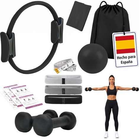 Relaxdays Set de pilates, 11 piezas: aro, pelota, 4 bandas, 2 mancuernas, bolsa, accesorios para pilates en casa, negro