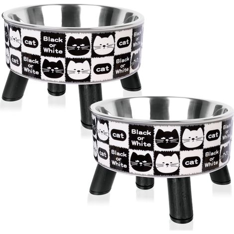 Gamelle surélevée pour chat, bol en acier inoxydable avec base antidérapante et support, motif chat, mangeoire (1/5)