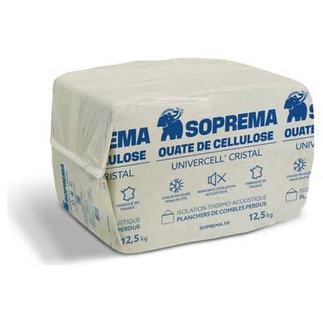 Soprema – Ouate de cellulose Cristal isolant biosourcé 12,5 kg – Isolation thermique et acoustique – Soufflage pneumatique – Densité 20 à 30 kg/m³