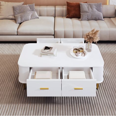 Mesa de centro 105x51x38 cm blanca de MDF con 4 cajones, esquinas redondeadas y patas doradas (1/5)