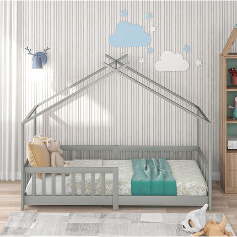 Lit cabane enfant en bois massif gris clair 90x200 cm avec barrière de sécurité et sommier à lattes (1/5)