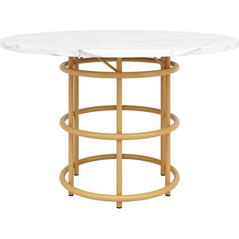 Table à manger ronde (100×100×76 cm), table de cuisine, table ronde pour 4 à 6 personnes, adaptée à la salle à manger et au salon, pieds en métal à anneau, plateau en MDF marbré avec pieds dorés (1/5)