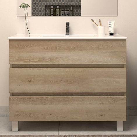 Meuble sous vasque seul, 3 tiroirs, 100cm, pour simple vasque - nebraska (chêne clair) - MAYOR