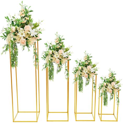 4 Stück Blumenständer Hochzeit Herzstück Tische, 100cm 80cm 60cm 40cm Goldvasen Metall, Metall-Blumenständer, Hohe Bodenvase Geometrischer, Blumensäule für Heimdekorationen, Wohnzimmer Party