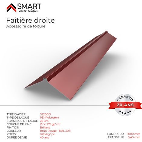 Bravo The Smart Solution – Faîtière droite bac acier – Tôle de couverture pour toiture – Brun Rouge RAL 3011 – Longueur 1m – Accessoire de couverture légère