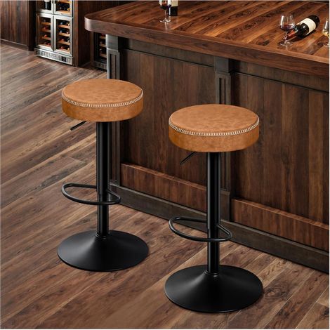 2er Set Barhocker Mikrofaser-Leder Braun 360° drehbar ohne Lehne (1/5)