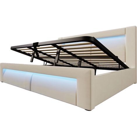 Letto contenitore 180x200 cm in velluto beige con LED, porte USB e USB-C, HOMVRA (1/5)
